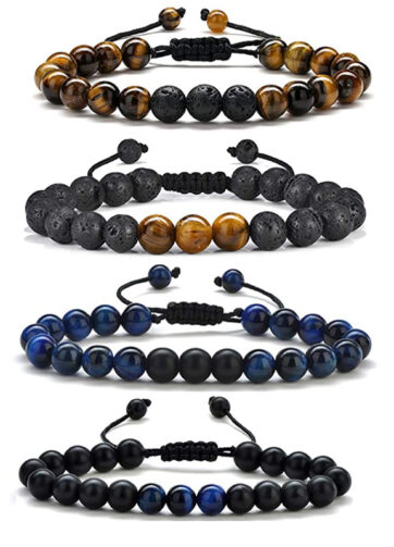 Tiger-eye Men's Bracelet Gift - 8mm Volcanic Rock Black Agate Woven Bracelet Handmade Jewelry